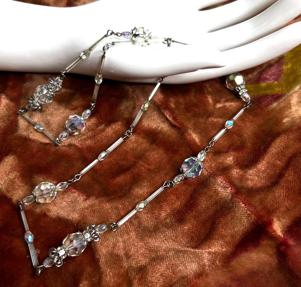 Vintage Austrian Crystal Princess Length Necklace Glass Bugle Spacers Iridescent